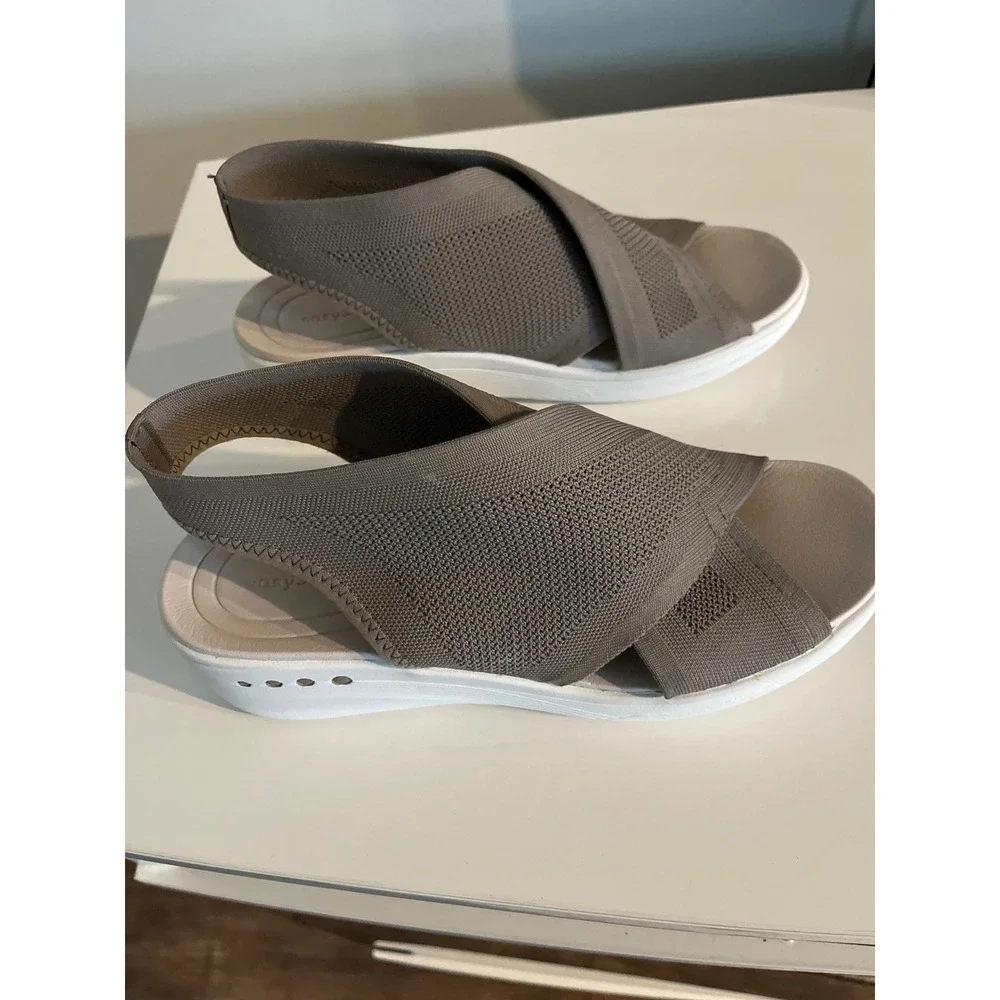 Easy Spirit Womens 10M Taupe Stretch Knit Cross Strap Slingback Wedge Sandals